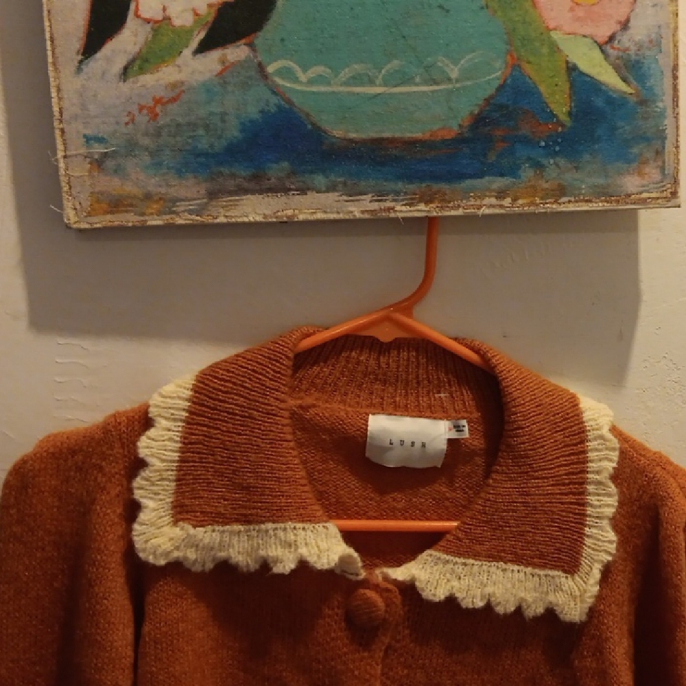Lush Orange and Cream Cardigan with Decorative Trim